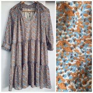 Floral Patterned Blue and Brown The Korner Flowy Chiffon A-Line Dress New Size M